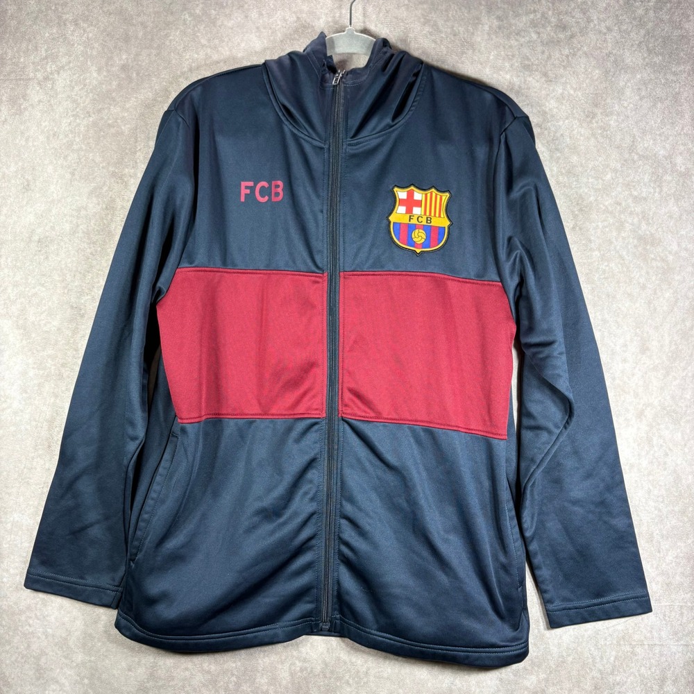 FC Barcelona Soccer Jacket Men Medium Navy Blue Red Full Zip Hood Track Athletic